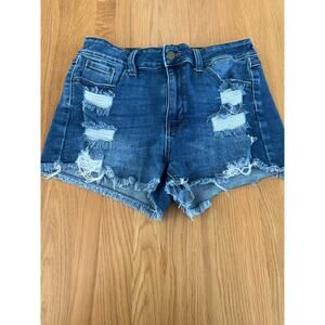 Zili Womens Ripped Distressed Raw Hem Denim Shorts Blue Wash High Waist Large